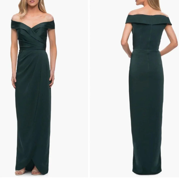 La Femme Dresses & Skirts - NWT La Femme Surplice Off the Shoulder Column Gown in Emerald Size 12